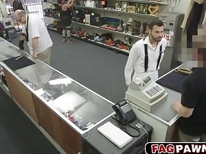 Sexy gay blows a cock in public pawn shop